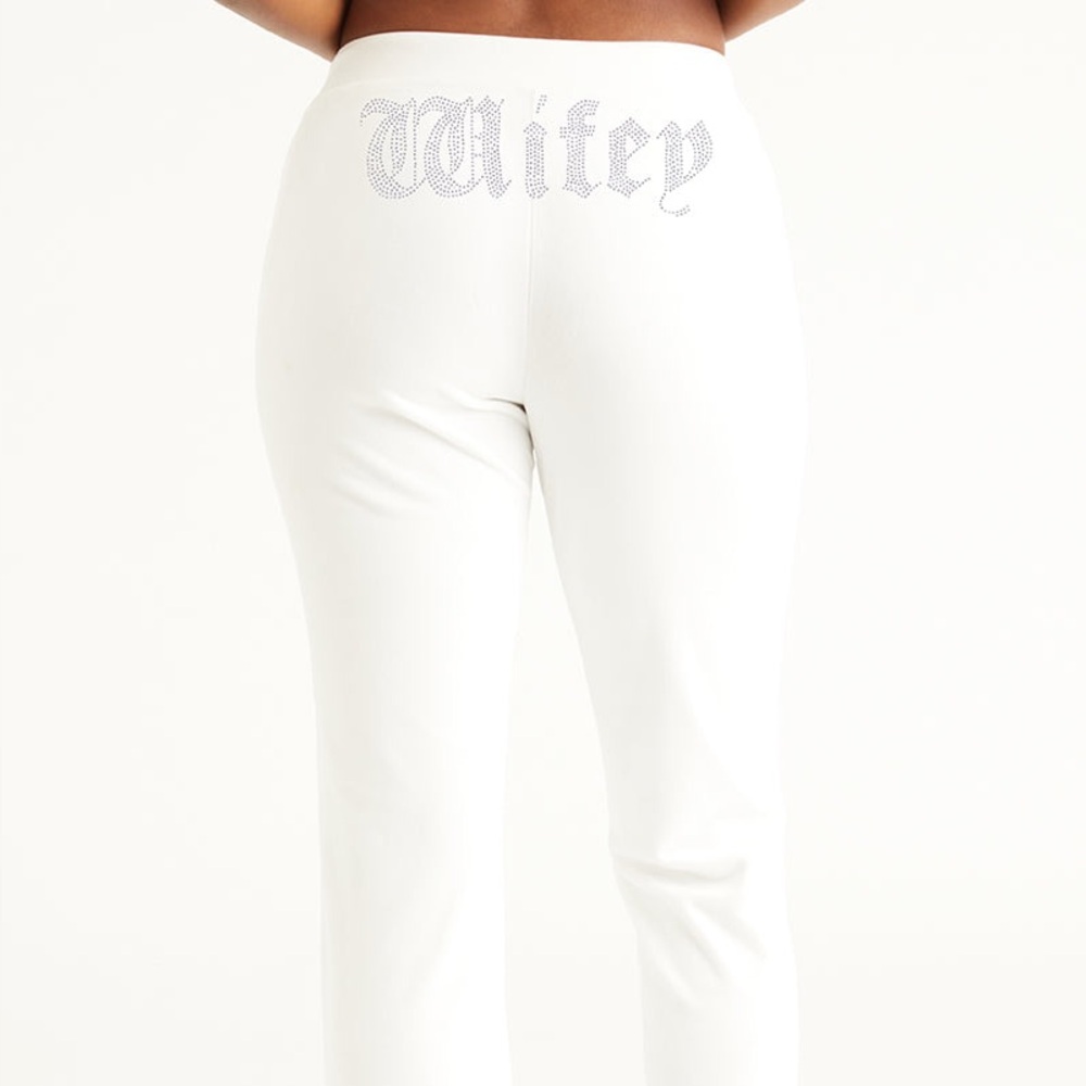 Juicy Couture White Rhinestone 'Wifey' Velour Track Pants
